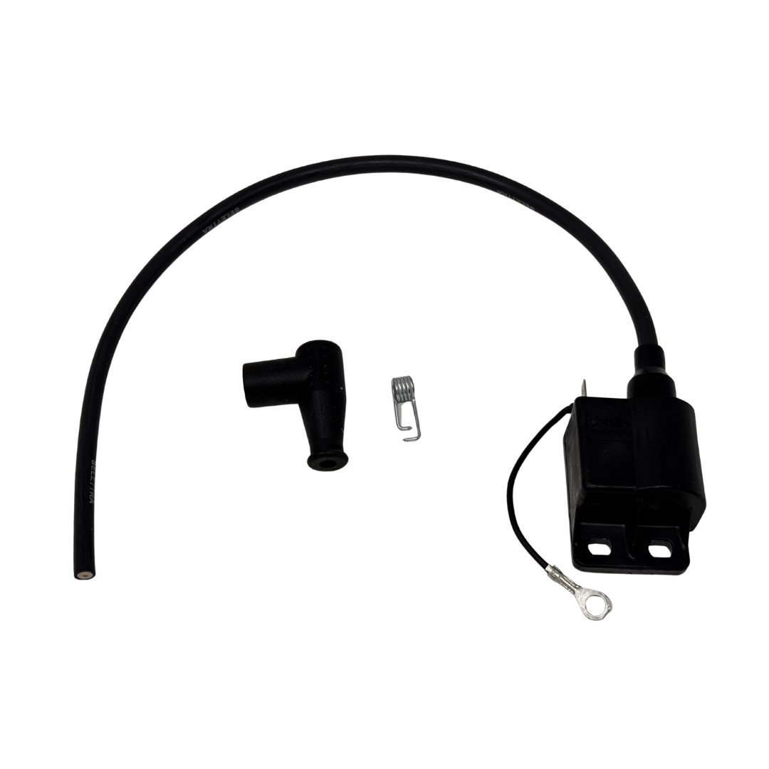 Black ignition coil and cable set on a white background