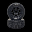 Two black remote control truck tires with hex wheels, stacked on top of each other, with the brand name 'LOUISE' visible on the sidewall.