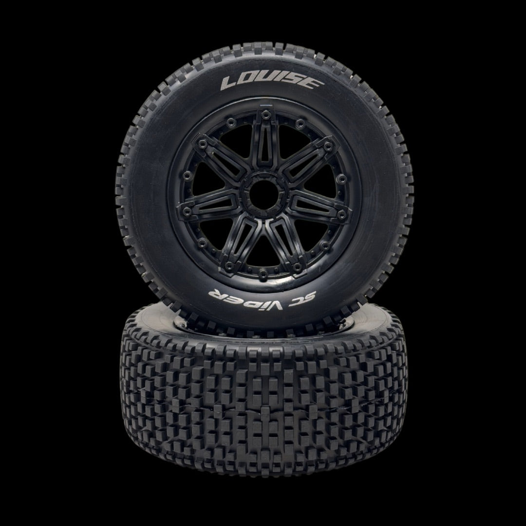 Two black remote control truck tires with hex wheels, stacked on top of each other, with the brand name 'LOUISE' visible on the sidewall.