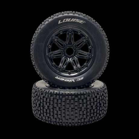 Two black remote control truck tires with hex wheels, stacked on top of each other, with the brand name 'LOUISE' visible on the sidewall.