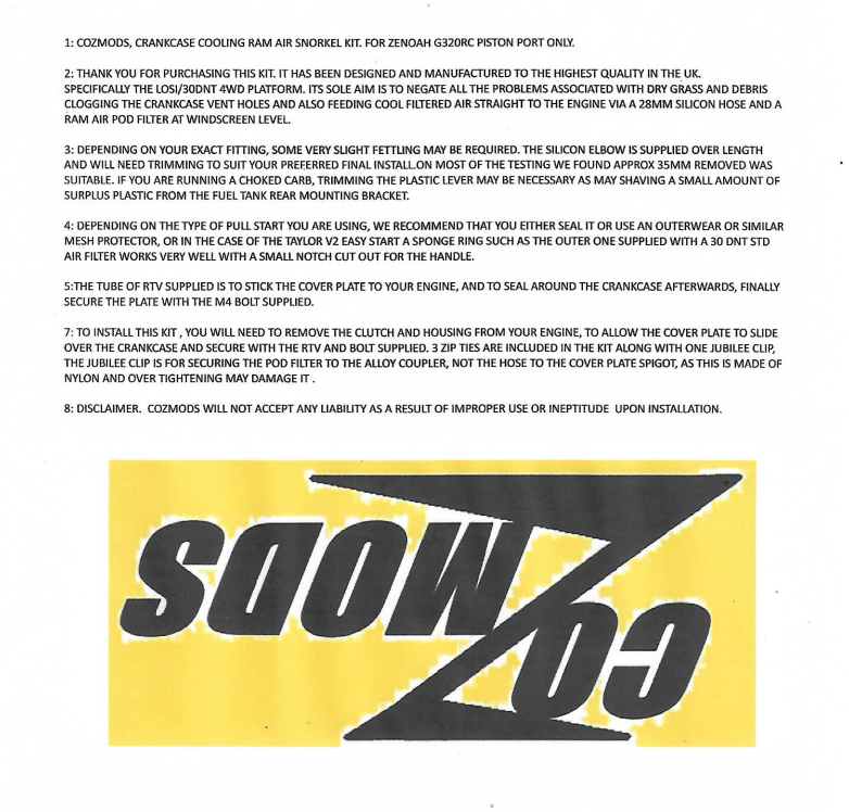 "SALE" CozMod Zenoah G320 Cooling Shroud Grass Snorkel Kit