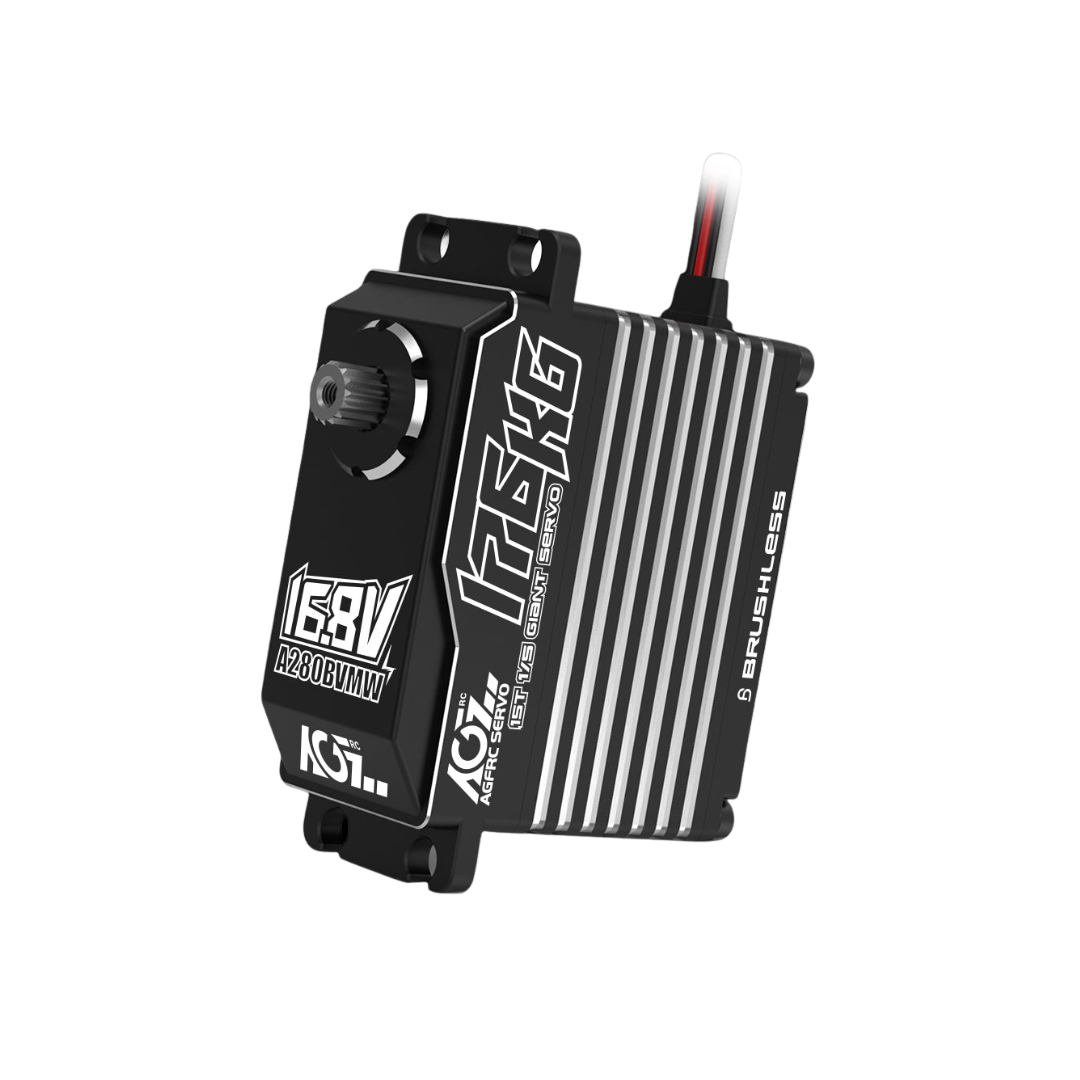 Black electronic component with branding on a white background