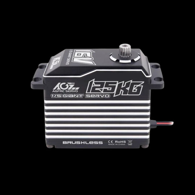 A black AGFRC brushless servo with silver accents, labeled 125KG and 4S, designed for remote control vehicles.