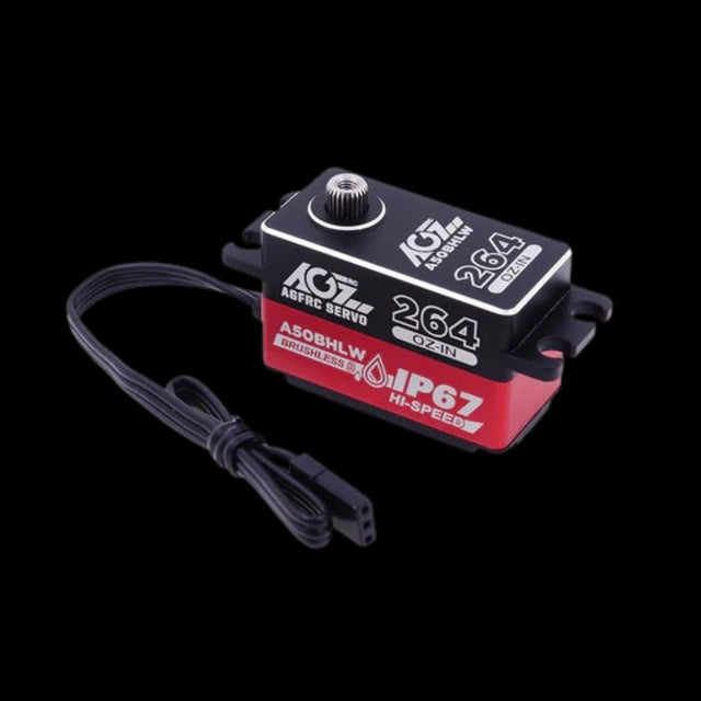 A black and red AGFRC brushless servo with a high-speed waterproof design, including visible branding and a wire connection.