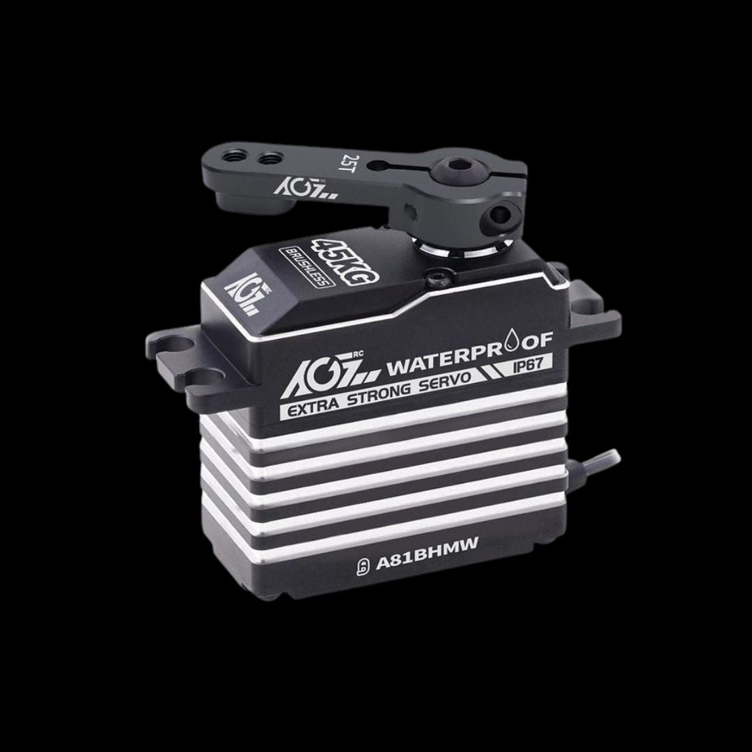 A black AGFRC waterproof high speed digital brushless servo with a striped pattern design and the model number A81BHMW visible.