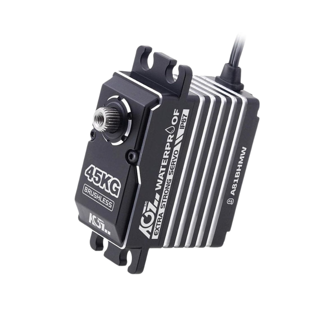 Black electronic servo with branding on a white background