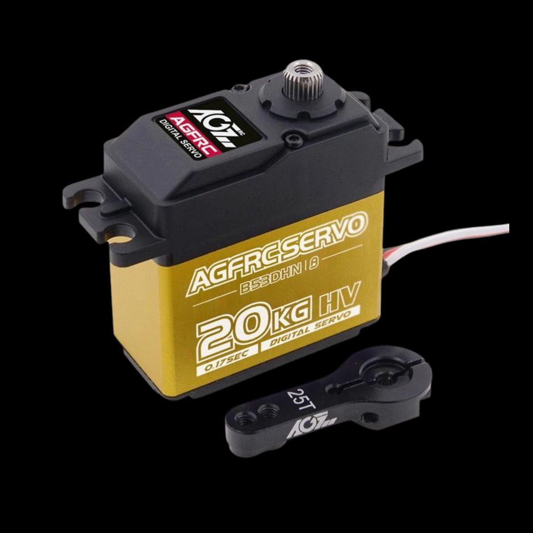 AGFRC 20kg HV digital steering servo with a black and yellow color scheme, including a remote control transmitter.