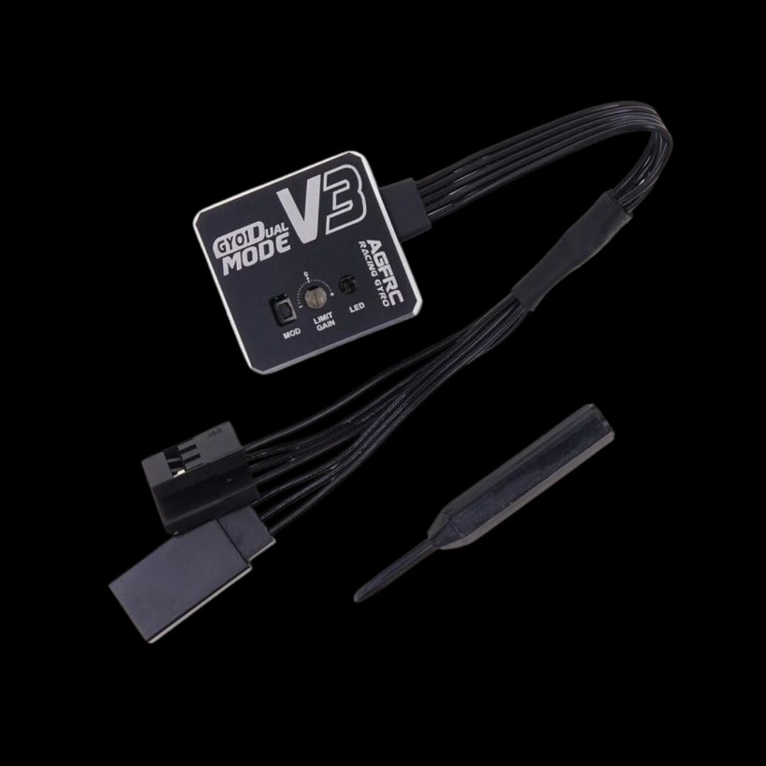 AGFRC V3 Aluminum Case Dual Gain Drift Gyro with cables and a black module, designed for remote control vehicles.