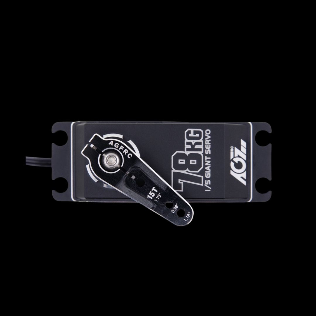 Black metal servo horn with the AGFRC brand logo, designed for use with remote control vehicles.