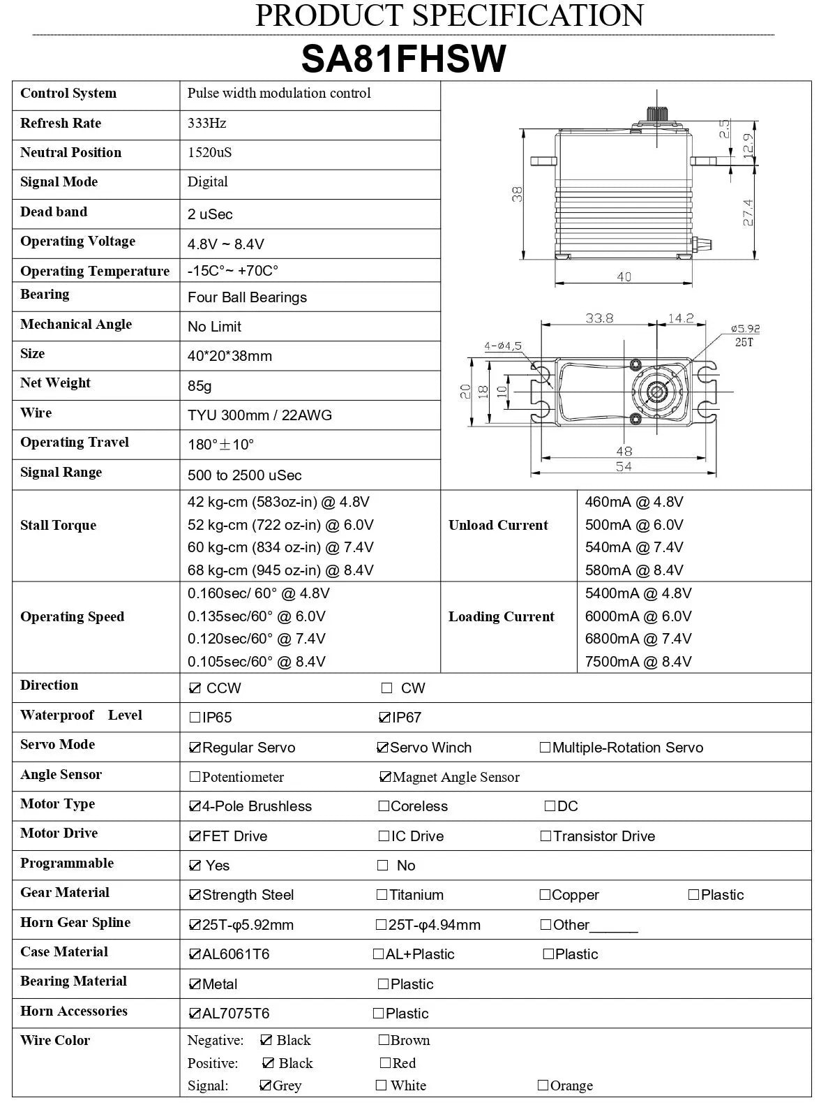 AGFRC Brushless 4-pole 68kg Billet Servo - SA81FHSW