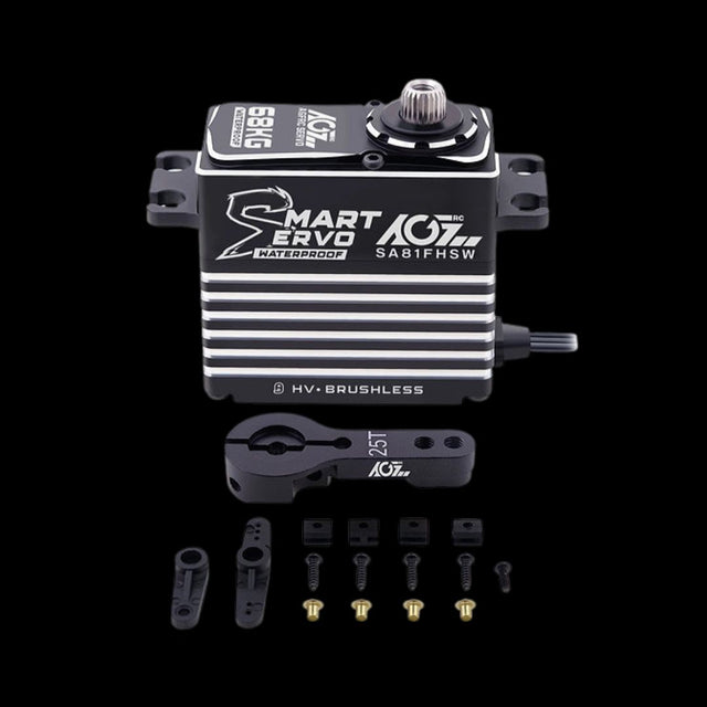 AGFRC Brushless 68kg Billet Primal MT Throttle/Brake Servo with various components laid out, predominantly black in color with white and silver detailing.