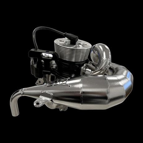 Motorcycle engine with exhaust system on a black background