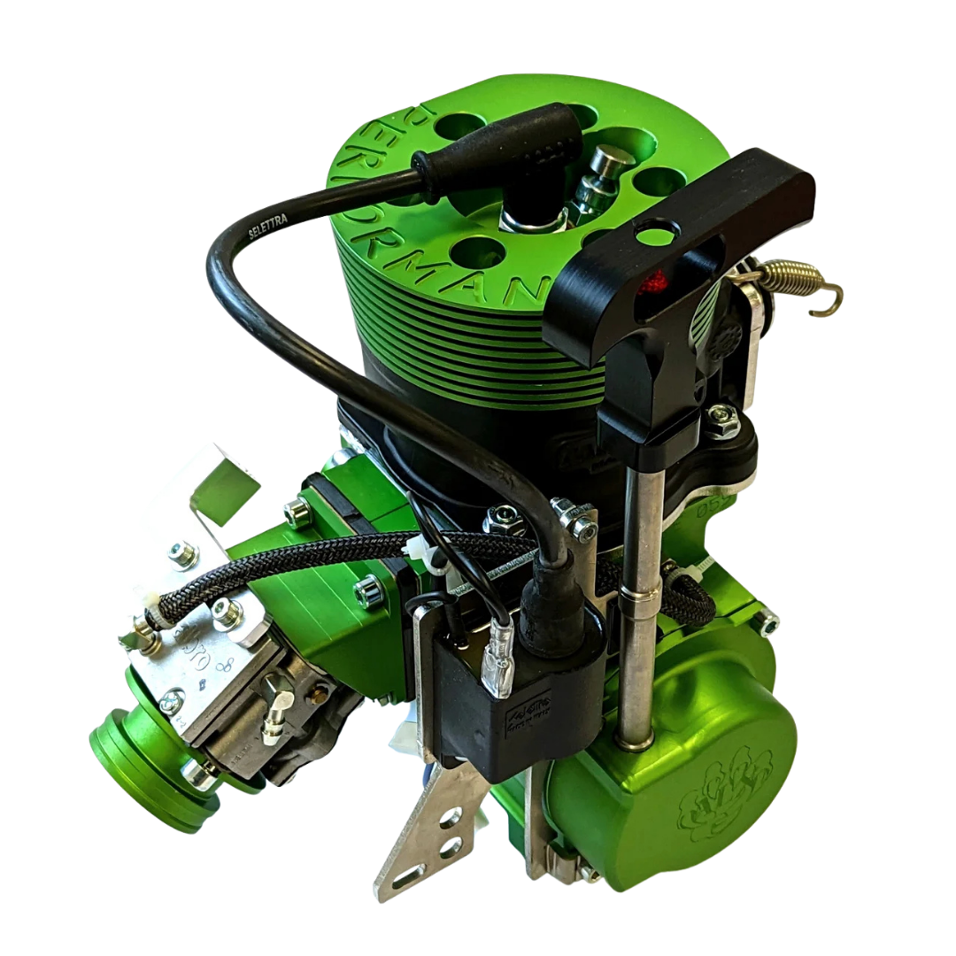 ALX 71 Performante engine kit in green anodised finish, top-down view