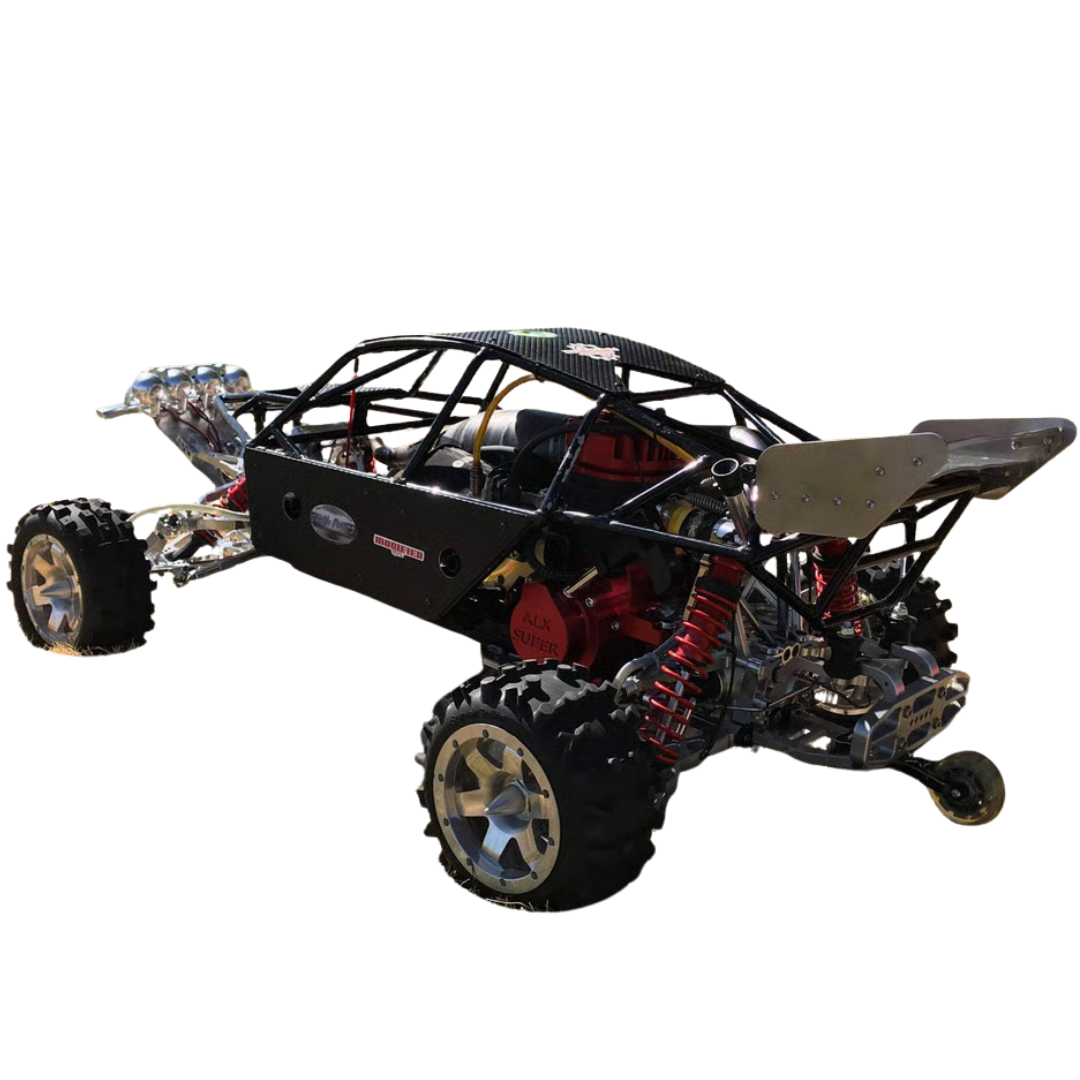 Black off-road vehicle chassis with visible mechanical components on a black background