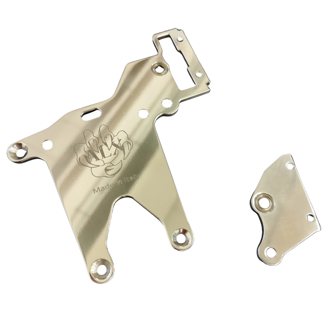 Metal bracket with engraved logo on a white background