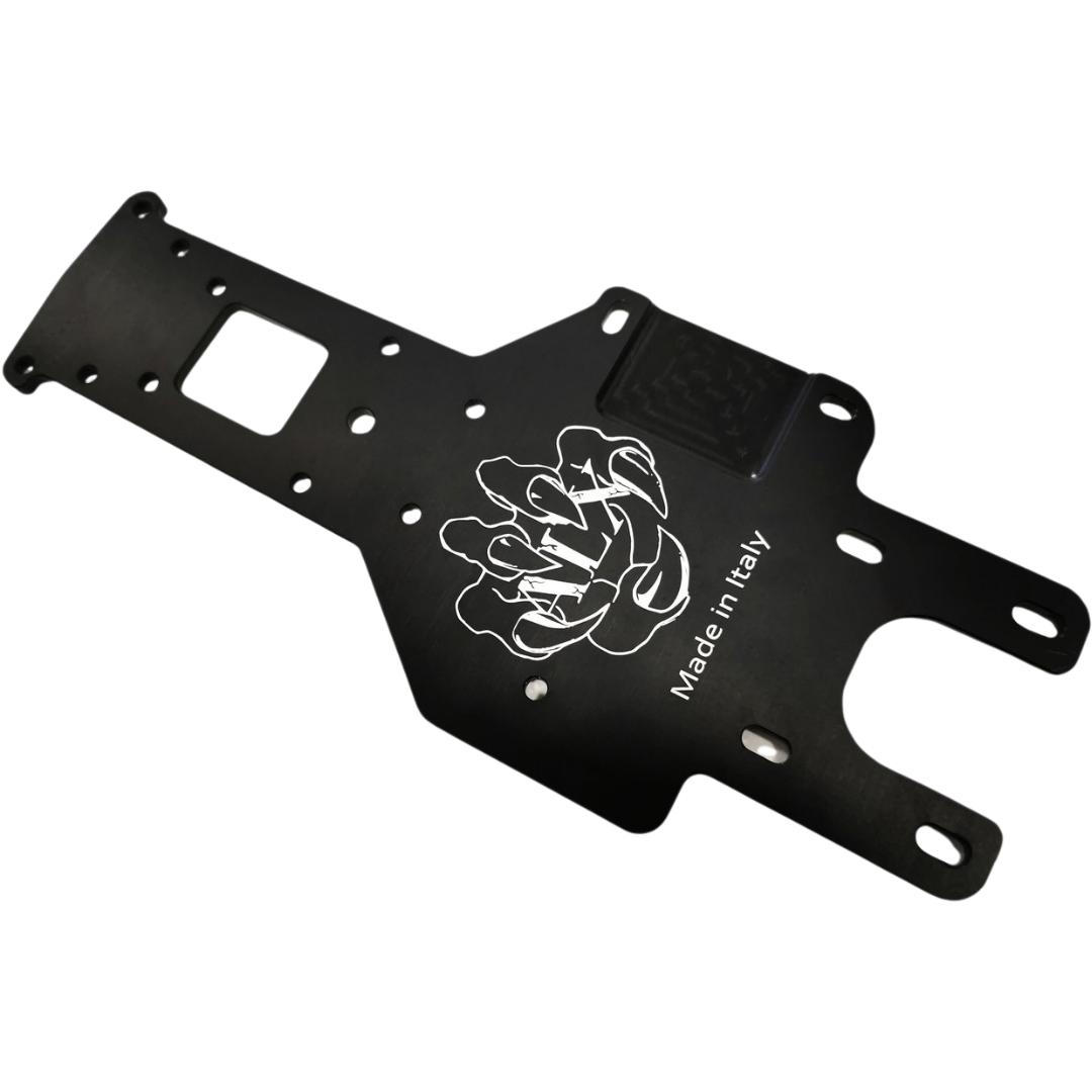 Black metal chassis with white logo and text on a white background