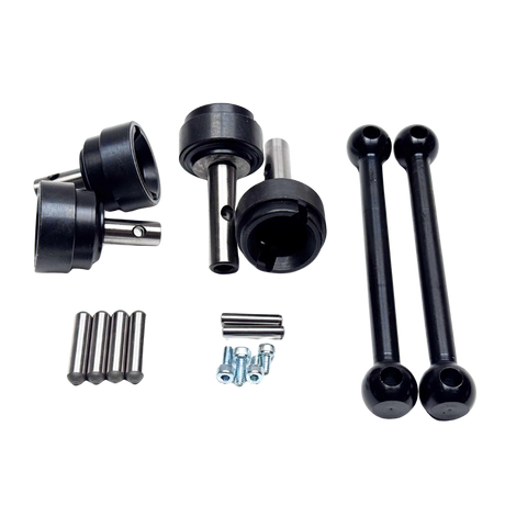 Set of black mechanical components on a white background