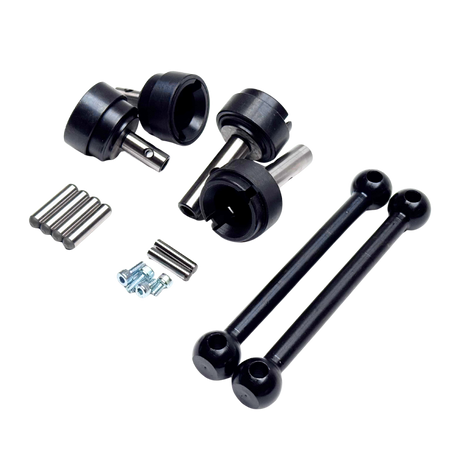 Set of black mechanical components on a white background