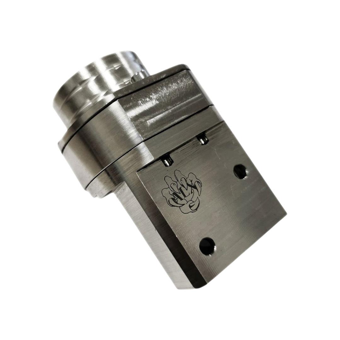 Metallic cylindrical machined piece with a brand logo on a white background