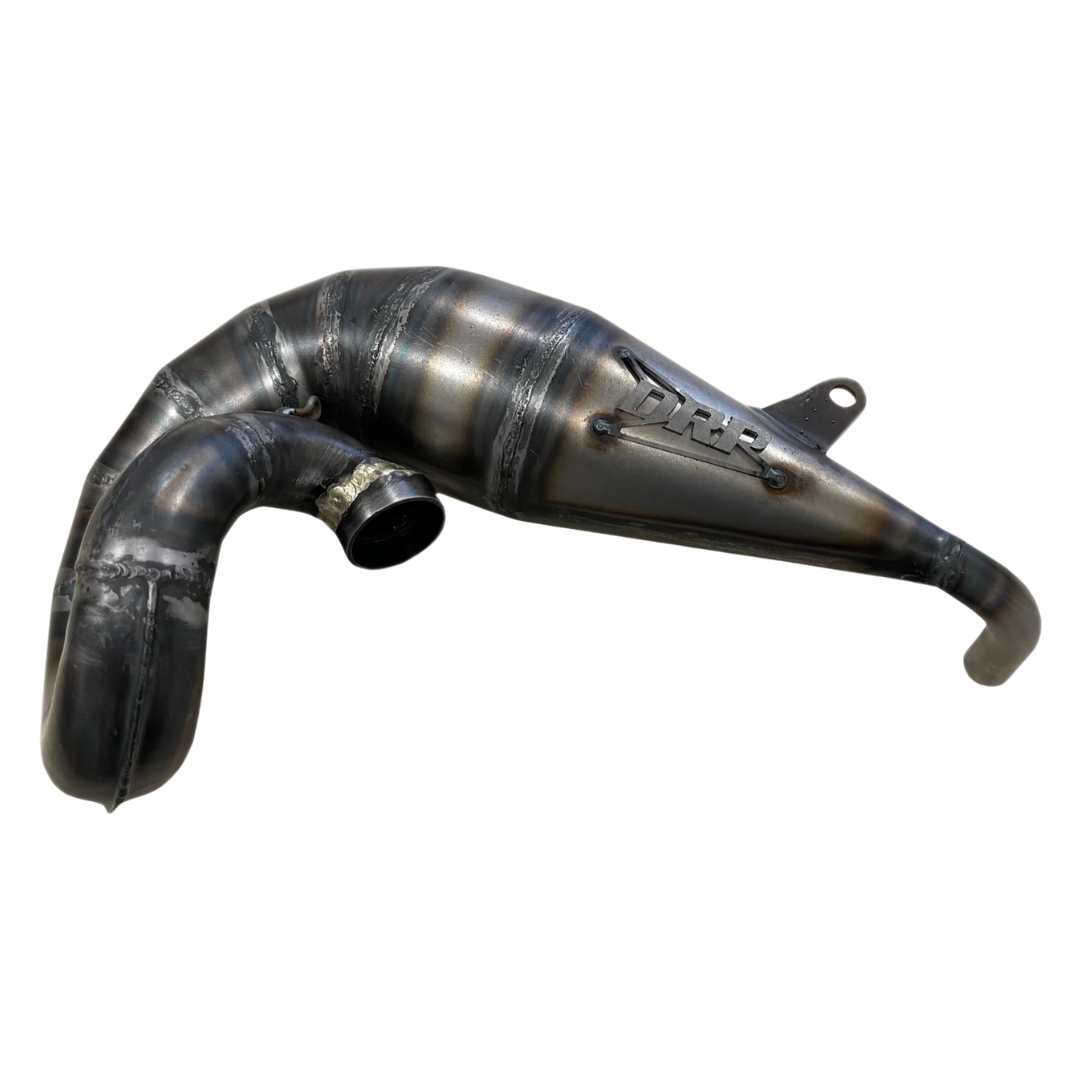 Black metal exhaust pipe with 'DRP' branding on a white background
