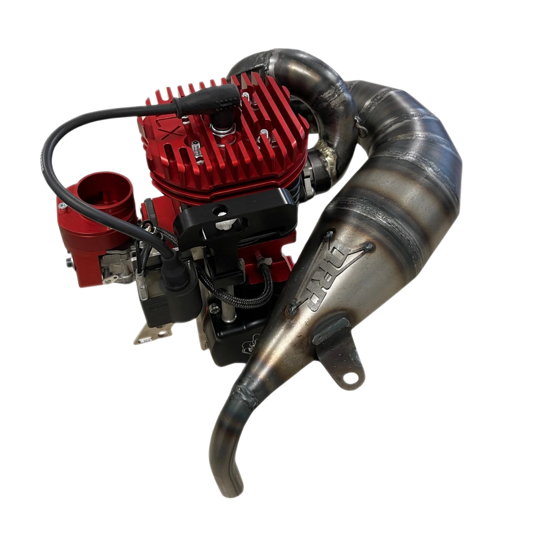 Red engine block with black exhaust pipe on a white background