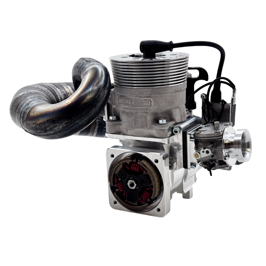 ALX Performante 71cc Malossi GSR46 GoPed engine kit shown at an angle with exhaust pipe fitted