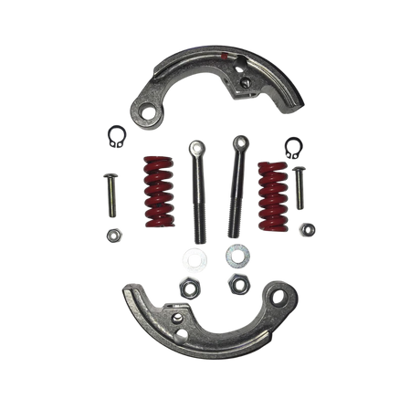 Mechanical parts including metal brackets, springs, and screws on a white background