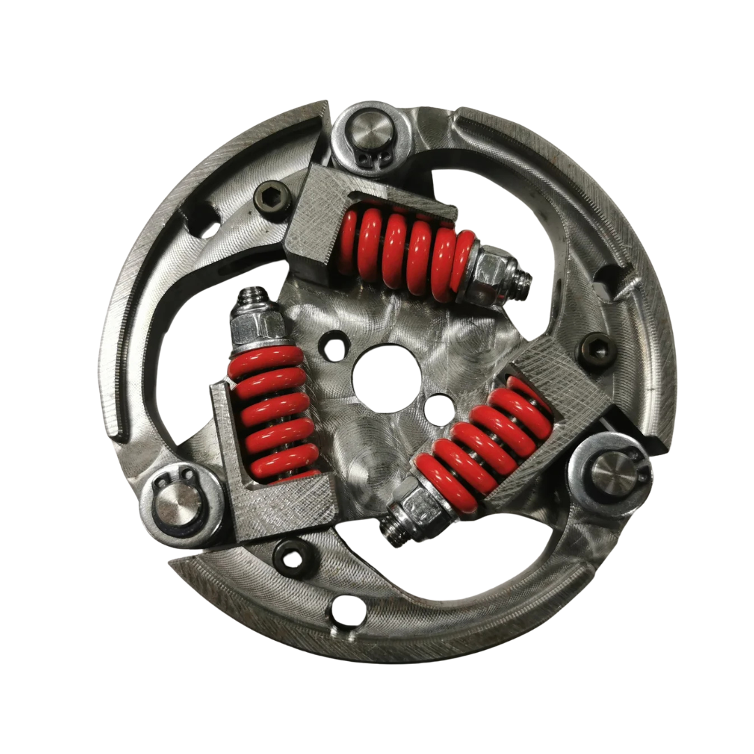 Mechanical brake component with red springs on a white background
