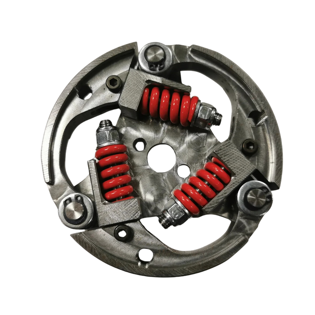 Mechanical brake component with red springs on a white background
