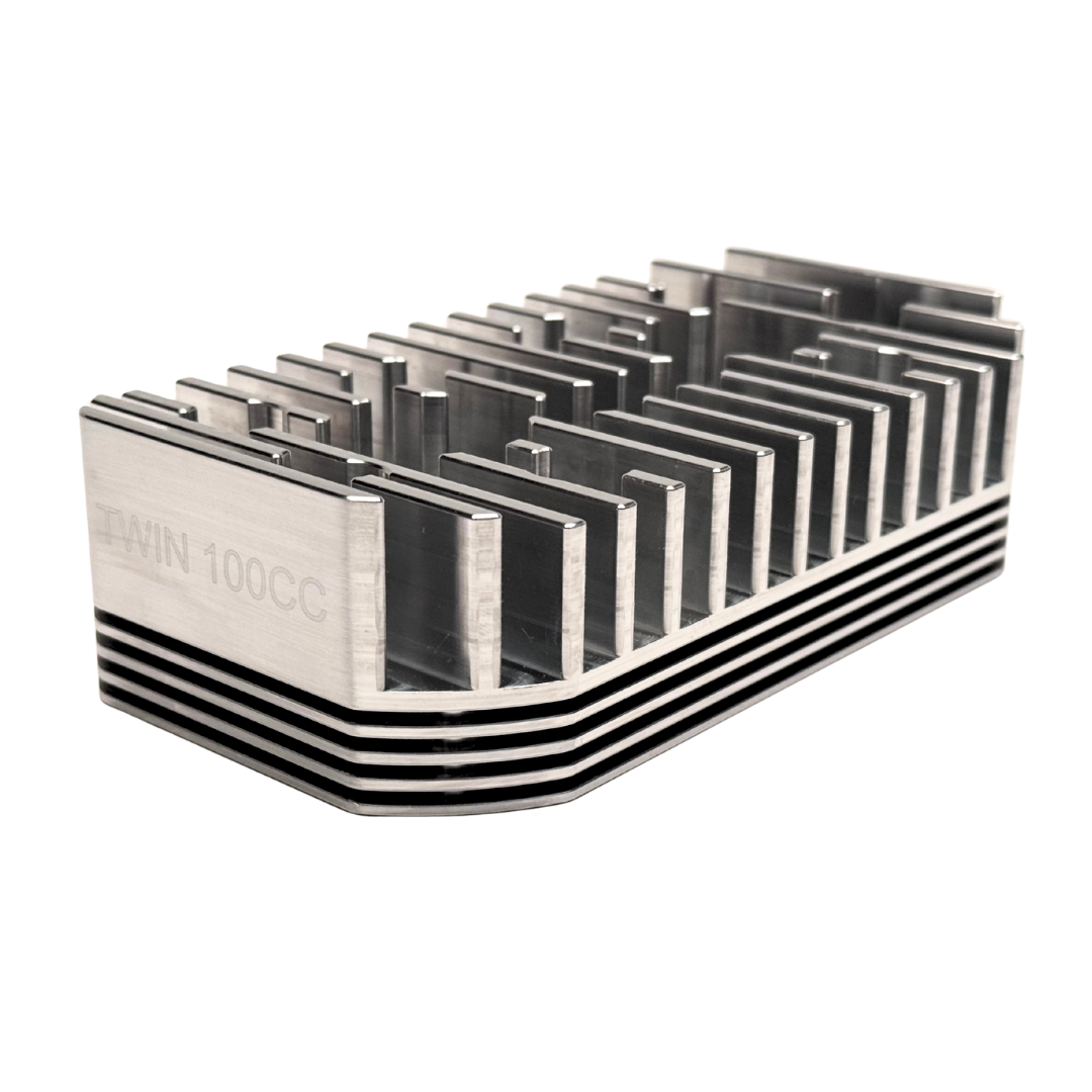 billet heat sink head with 'Twin 100CC' branding on a white background