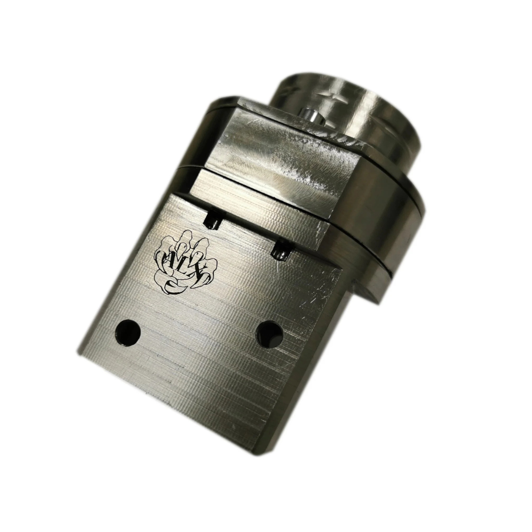 Metallic air filter device with a brand logo on a white background