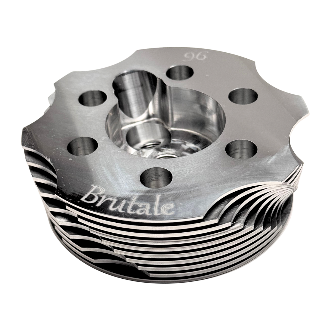 Metallic engine block with 'Brutale' branding on a white background