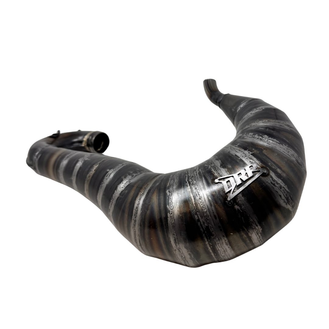 Black and silver vehicle exhaust pipe with 'DRP' logo on a white background