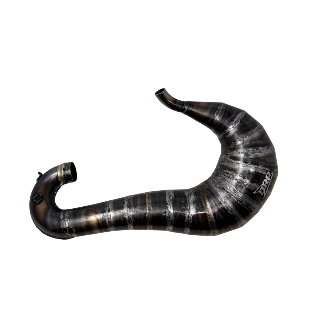Black and silver curved exhaust pipe on a white background
