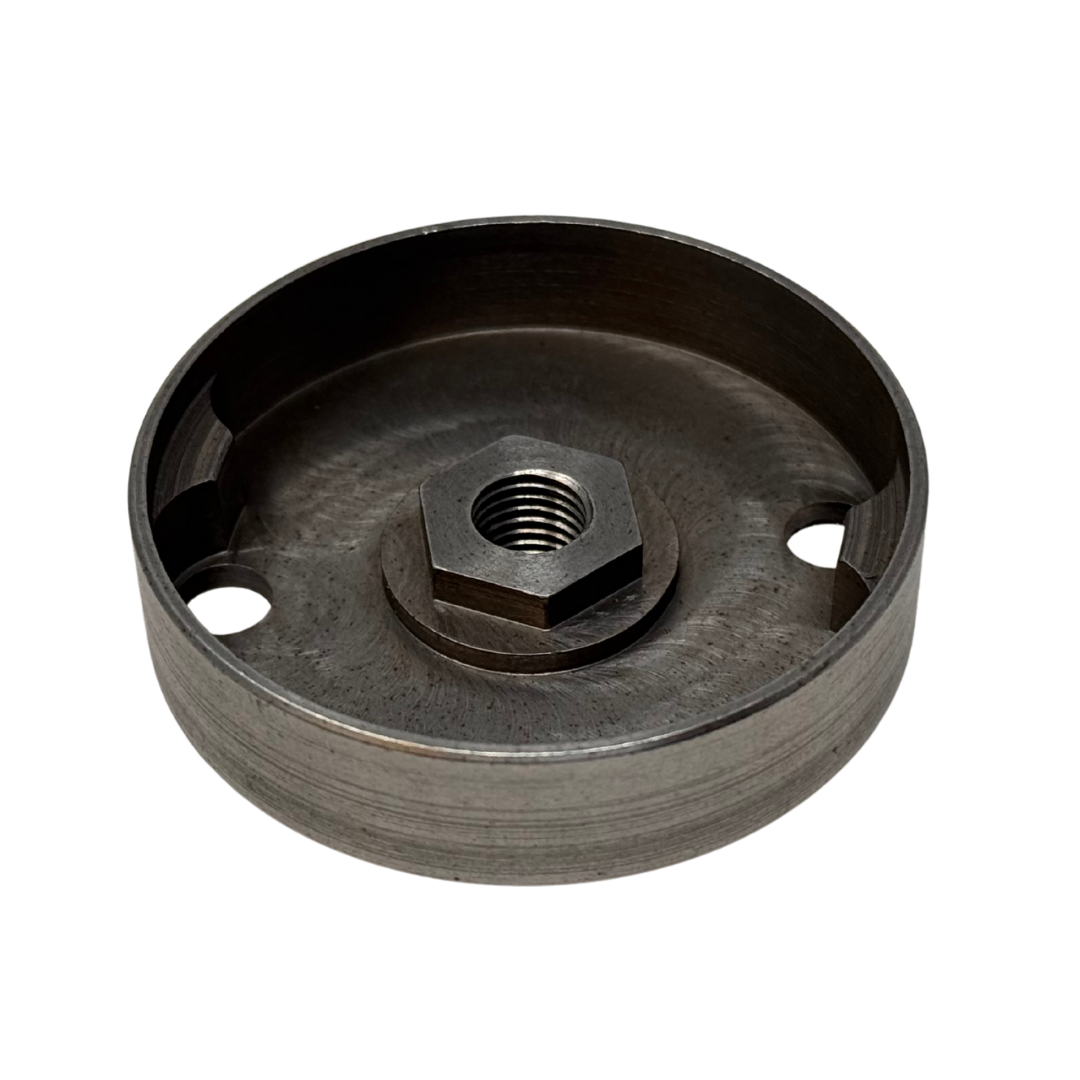 Metallic pulley with a central bolt on a white background