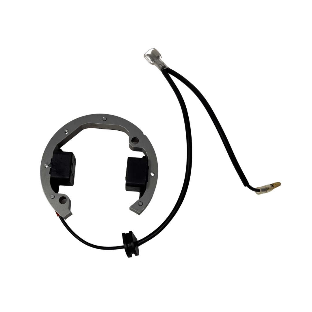 Mechanical component with a black cable on a white background