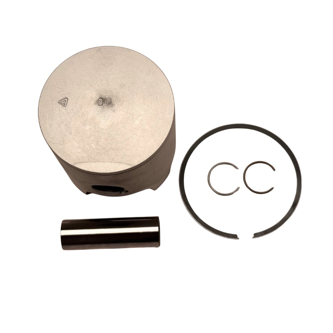 Engine piston set with a ring on a white background