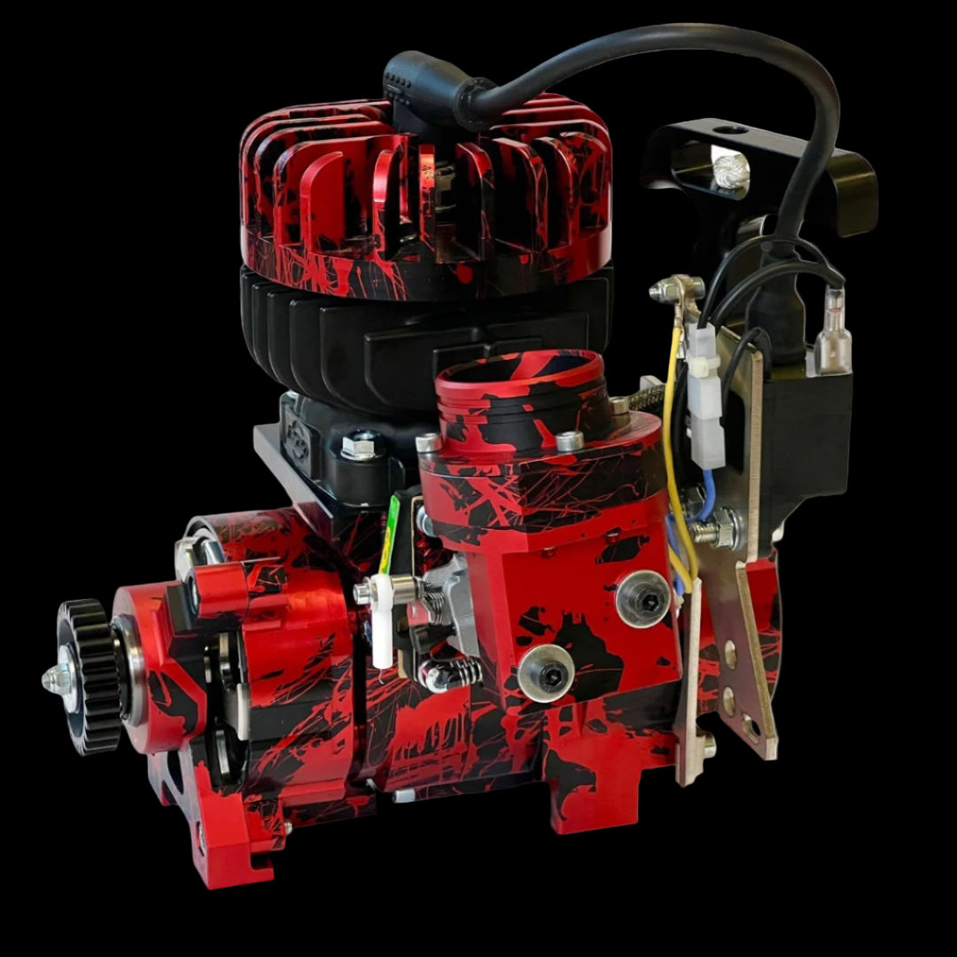 Red and black engine block on a white background