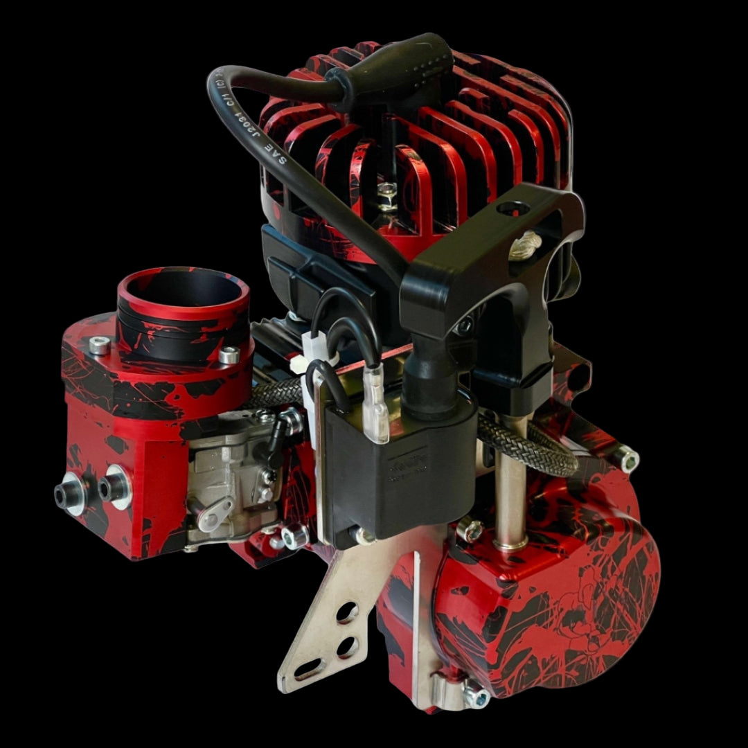 Red and black engine on a white background