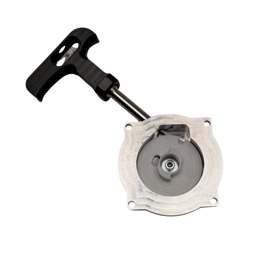 Mechanical component with a black handle on a white background