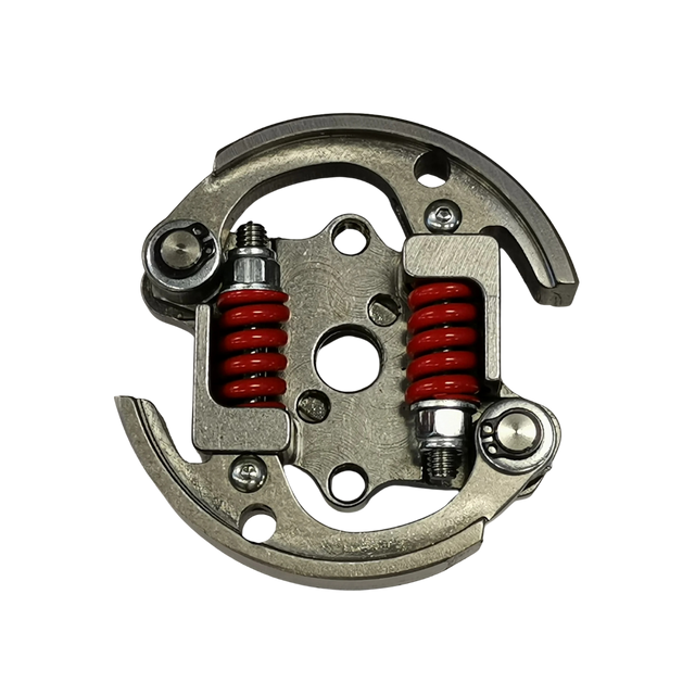 Metallic clutch components with red springs on a white background