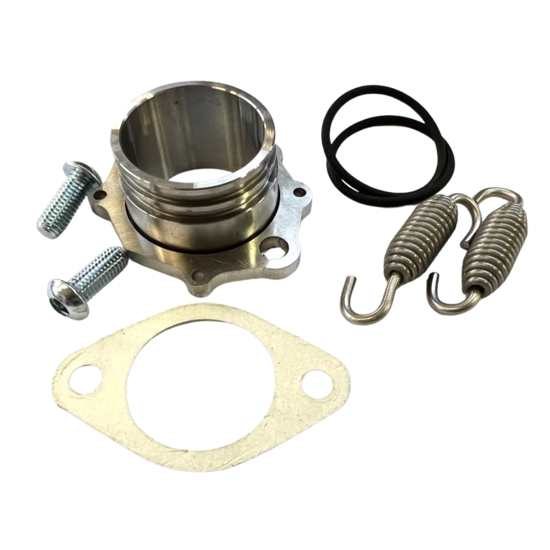 Exhaust parts including a metal component, springs, and a gasket on a white background