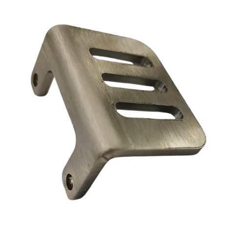 Metallic bracket with cut-out design on a white background