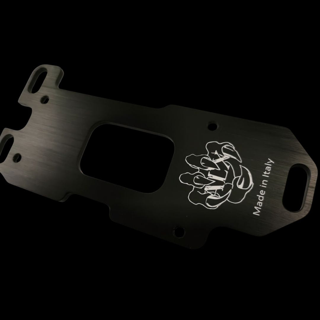 Black mcd engine mount with a logo and 'Made in Italy' text on a black background