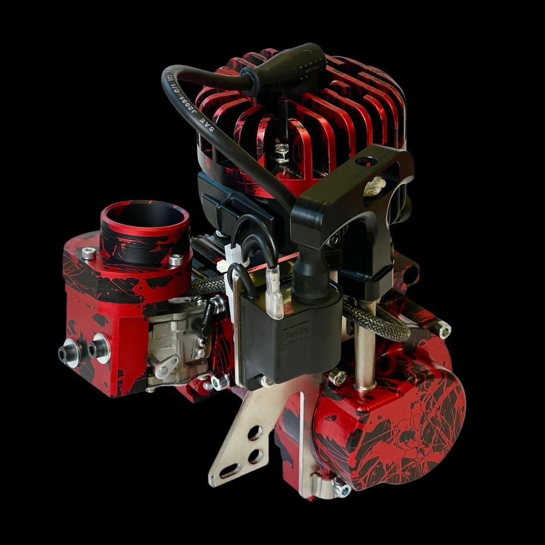 Red and black mechanical engine on a black background