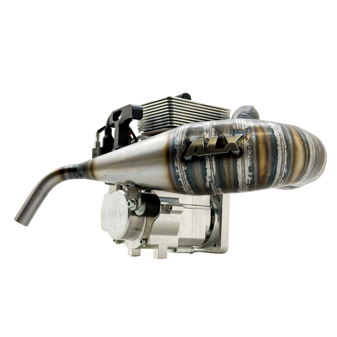 Rear angled view of ALX Super 63 Malossi GSR46 GoPed engine kit with ALX branded exhaust pipe