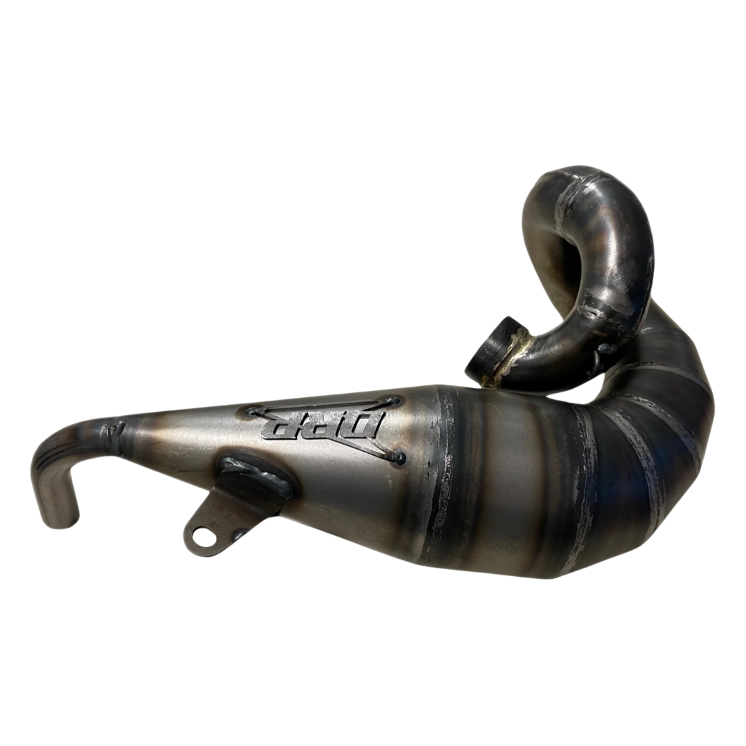 Metallic exhaust pipe with 'DRP' branding on a white background