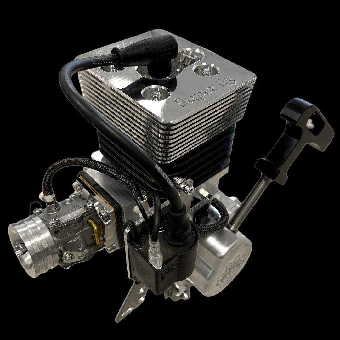 Model engine with visible branding on a black background