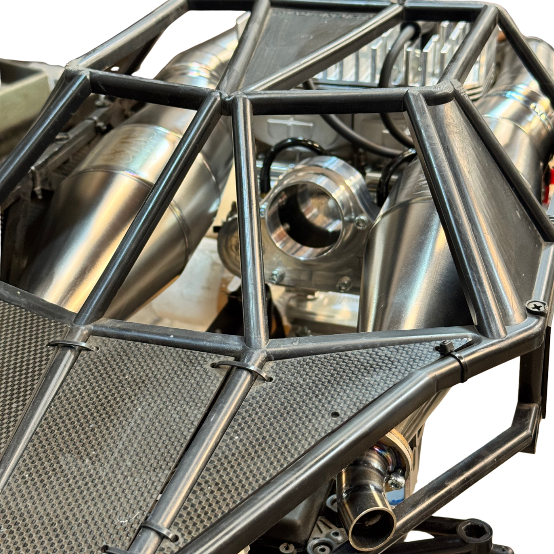 ALX titanium twin exhaust pipes viewed through the Baja roll cage