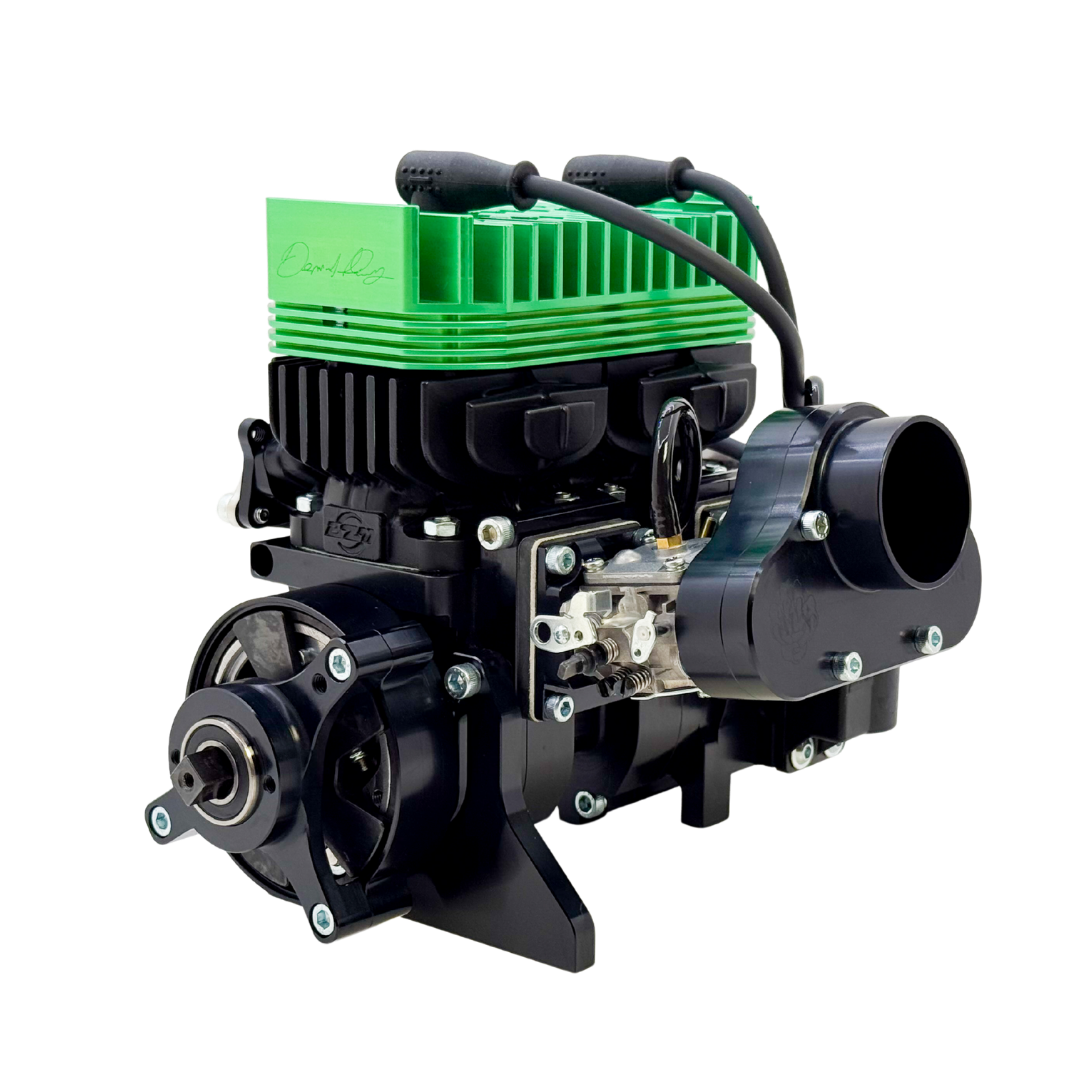 ALX Twin 100cc engine kit in black finish with green anodised heatsink